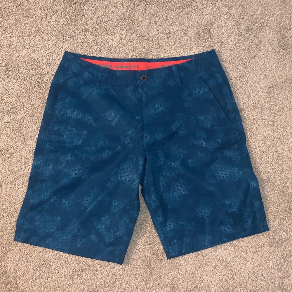 Under Armour Hybrid Golf Swim Stretch Mens Shorts 34 Blue Aqua Teal Camo NICE